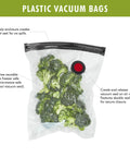 Fresh And Save 10 Piece Vacuum Sealer Bags Set For Sous Vide Meal Prep And Freezer Storage Assorted Sizes Keeps Food Fresh Up To Five Times Longer And Cuts Waste showing BPA-free bag with broccoli and air valve