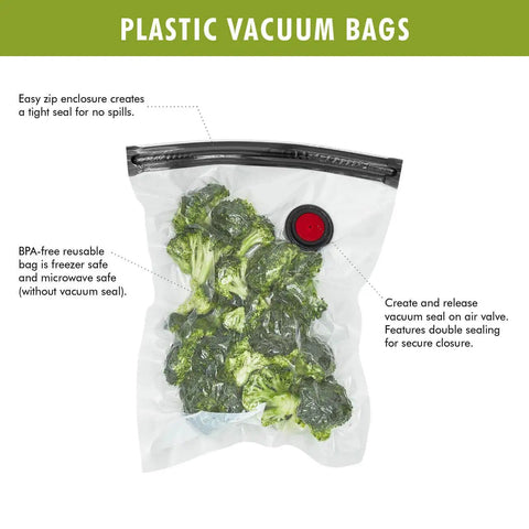 Fresh And Save 10 Piece Vacuum Sealer Bags Set For Sous Vide Meal Prep And Freezer Storage Assorted Sizes Keeps Food Fresh Up To Five Times Longer And Cuts Waste showing BPA-free bag with broccoli and air valve