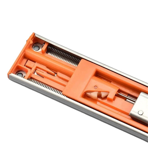 Close-up of Smooth Stainless Steel Heavy Duty Drawer Slides With Soft Close Extending From 10 To 22 Inches, orange mechanism visible.