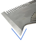 Close-up of the blade edge of The Smooth Operator All In One Paint Brush And Roller Cleaning Tool for scraping paint.