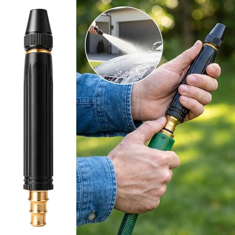 Man using Upgraded Beefed Up High Pressure Water Gun With Booster Nozzle For Home Cleaning And Car Wash on a sunny day