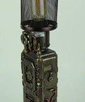 Steampunk Industrial Fuel Dispenser Tower Table Lamp With Retro Machinery Vibe, bronze finish, black mesh shade