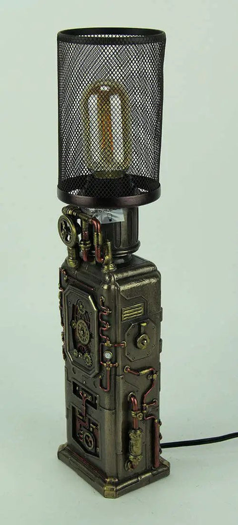 Steampunk Industrial Fuel Dispenser Tower Table Lamp With Retro Machinery Vibe, bronze finish, black mesh shade