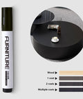 12 Color Furniture Scratch Repair Markers Kit with color sample sheet and wood table before and after effect