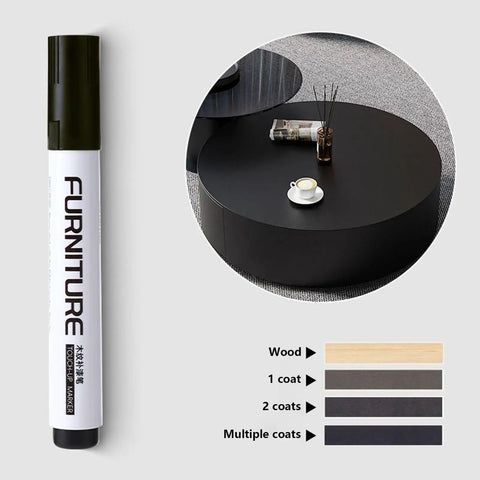 12 Color Furniture Scratch Repair Markers Kit with color sample sheet and wood table before and after effect
