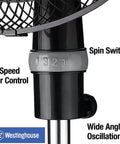 Close-up of 16 Inch Pedestal Fan with Spin Switch, 3 Speed Air Control, and Wide Angle Oscillation in sleek black.