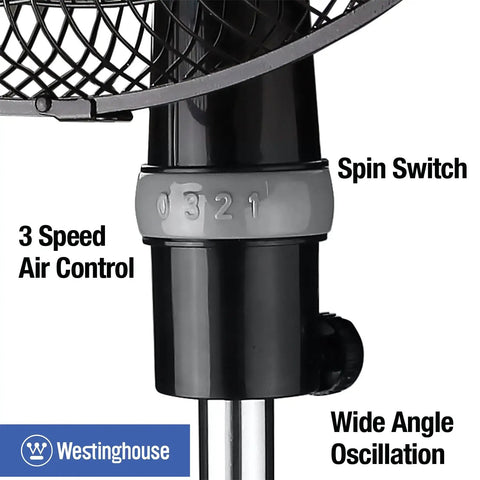 Close-up of 16 Inch Pedestal Fan with Spin Switch, 3 Speed Air Control, and Wide Angle Oscillation in sleek black.