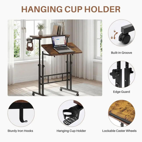 Mobile Split-Top Sit Stand Desk With Nifty Cup Holder, Smooth-As-Butter Manual Height Adjustment Knobs, ergonomic workstation with hanging cup holder.