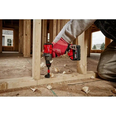 Hella Tough 18 Volt Brushless Cordless Drill And Driver Built With Compact Frame And Steel Chuck As Bare Tool drilling wood on job site.