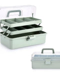 Clear 3 Layer Plastic Dividing Storage Box With Adjustable Spacers Portable Handle Craft Organizer in Haze Green open view