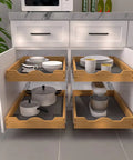 Pull Out Cabinet Organizer 1 Tier Sliding Shelf For Base Cabinets 20W By 21D showing open drawers with cookware and dishes