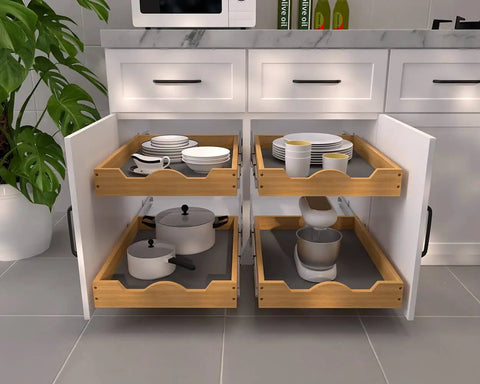 Pull Out Cabinet Organizer 1 Tier Sliding Shelf For Base Cabinets 20W By 21D showing open drawers with cookware and dishes