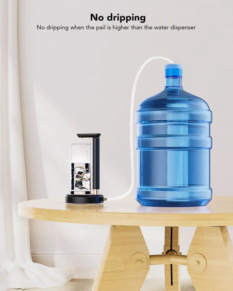Adjustable Desktop Water Pump For 5 Gallon Bottles, Portable Type C Charging Dispenser on wooden table, silicone hose attached