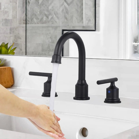 Two Handle Dope Matte Black Bathroom Faucet With Pop Up Drain Widespread 8 Inch Basin Vanity Sink Tap, 3 Hole Installation