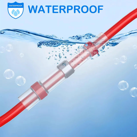 Red electrical wire with clear heat-shrink waterproof solder connector sleeve (side view)
