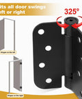 Heavy Duty Two Pack Self Closing Door Hinges 3.5 Inch shows adjustable black hinges with a 325° range for left or right swings.