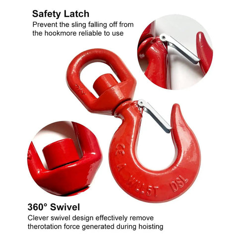 Built Like A Tank Heavy Duty Swivel Lifting Hook Featuring A Secure Safety Latch And Five Ton Working Load Limit forged with a 360° swivel design.