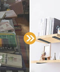 Before and after comparison showing messy desktop transformed to organized floating shelves with Four Pack L Shaped Shelf Brackets.
