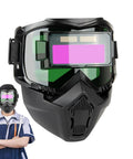 Auto Darkening Pro Grade Welder Helmet With Detachable Shield And Full Face Protection worn by person, close-up view.