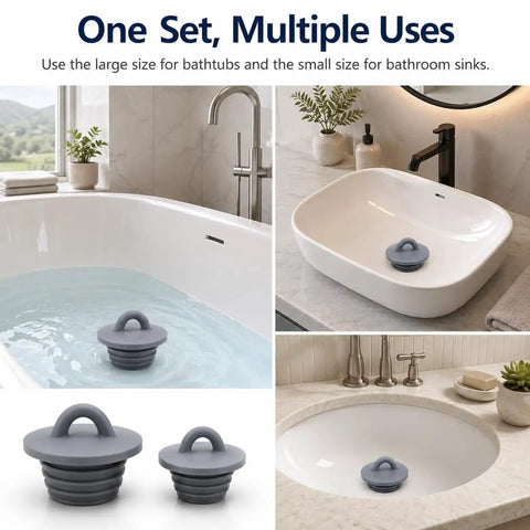 Universal Silicone Drain Plug Set For Bathtub And Bathroom Sink Features A Smooth Ring Grip Handle for sinks and bathtubs.