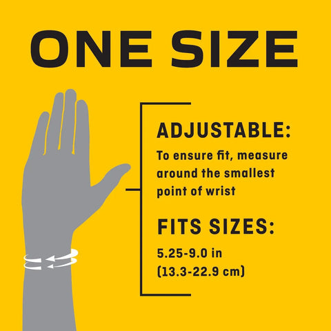 Size chart for Night Wrist Sleep Support With Adjustable Fit For Injured Wrists, shows one size, fits 5.25-9.0 inches.