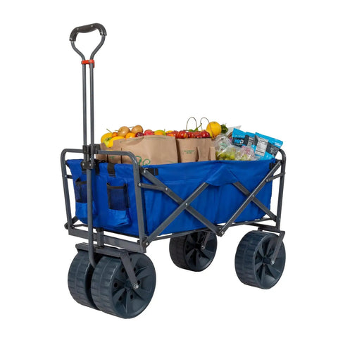 Heavy Duty Collapsible All Terrain Utility Wagon Cart For Beach Adventures With Large Interior No Assembly Required Grab And Go Setup Foldable Beach Wagon Portable Outdoor Gear Cart With Carry Case And Oversized All Terrain Wheels loaded with groceries
