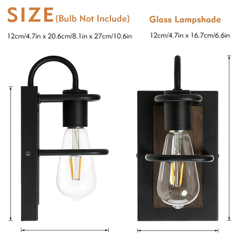 Modern Farmhouse Wall Light Fixture Wall Sconce In Wood And Matte Black Finish for bathrooms, side and front view with dimensions