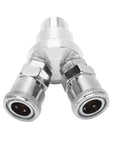 Close-up of 2 Way Hose Splitter Carbon Steel G1 Half Thread Manifold Block Splitter For Pneumatic Air Compressor Fitting Heavy Duty Universal Connector