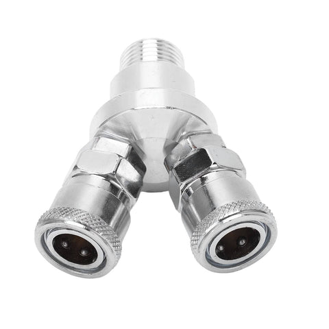 Close-up of 2 Way Hose Splitter Carbon Steel G1 Half Thread Manifold Block Splitter For Pneumatic Air Compressor Fitting Heavy Duty Universal Connector