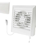 Solid Build Window Shutter Exhaust Fan Boasting Intake And Exhaust Modes Wall Mounted Ventilation Blower for Bathroom Kitchen Attic Garage Workshop Nine Point Five Inch with white finish.
