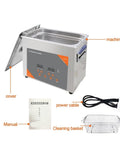 Heavy Duty 3 Liter Ultrasonic Cleaner Machine With Digital Timer And Heating Tank For Vinyl Records Carburetors Injectors Brass Auto Parts Engine Components Cleaning with cover, manual, and cleaning basket.