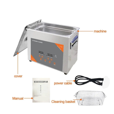 Heavy Duty 3 Liter Ultrasonic Cleaner Machine With Digital Timer And Heating Tank For Vinyl Records Carburetors Injectors Brass Auto Parts Engine Components Cleaning with cover, manual, and cleaning basket.