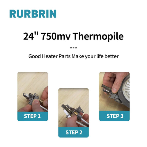 RURBRIN 24-inch 750 mV aluminum thermopile generators shown in Step 1–3 installation images.