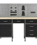 Front view of Beefy 63 Inch Heavy Duty Workbench With Perforated Wall Panels 6 Drawers Lockable Cabinet Adjustable Feet For Garage Organization Steel Frame Engineered Wood Top 1100 Lb Load Capacity