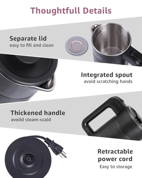 Top view of Grab And Go 0.6L Electric Kettle For Travel Ultralight 1.34lb 600W Fast Boil with separate lid, spout, handle, and cord.