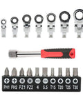 Flex Head Ratchet Wrench Set 20 Piece With 72-Tooth Ratchet And 180 Degree Flex Head Includes 8mm To 19mm Wrenches Changeable Torx Bits Phillips And Pozidriv Screwdrivers T15 T20 T25 T30 Case Pro Grade Chrome Vanadium Steel