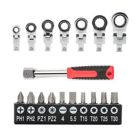 Flex Head Ratchet Wrench Set 20 Piece With 72-Tooth Ratchet And 180 Degree Flex Head Includes 8mm To 19mm Wrenches Changeable Torx Bits Phillips And Pozidriv Screwdrivers T15 T20 T25 T30 Case Pro Grade Chrome Vanadium Steel