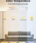 Color settings for Smart RGB LED Floor Lamp With Alexa Google Home Control next to a sofa in a living room.