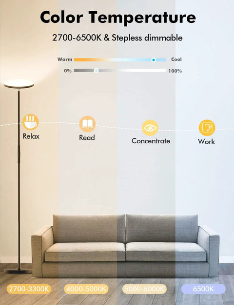 Color settings for Smart RGB LED Floor Lamp With Alexa Google Home Control next to a sofa in a living room.