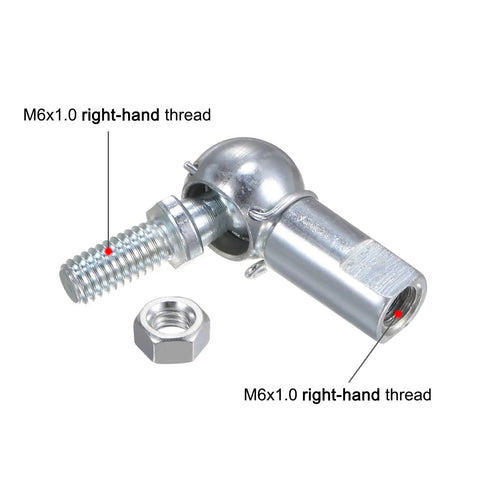Two Pack CS10 M6 Angle Ball Joint Set With M6x1.0 Right Hand Thread And A3 Steel Self Lubricating Ball Socket End Fitting Built Tough For Machinery Power Tools And Automation, angled view with nut