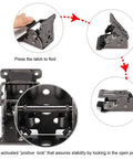 Premium Heavy Duty Folding Brackets 2 Pack Spring Locked Extending Hinges showing spring mechanism and latch for secure closure.