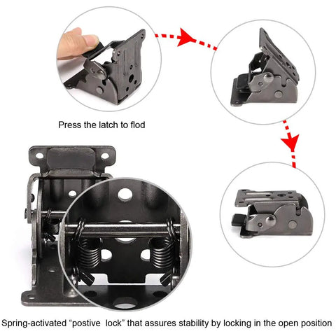 Premium Heavy Duty Folding Brackets 2 Pack Spring Locked Extending Hinges showing spring mechanism and latch for secure closure.