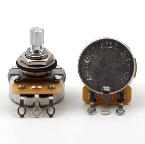 Guitar potentiometers, 4x CTS 500k audio-taper with split shafts, front and back view