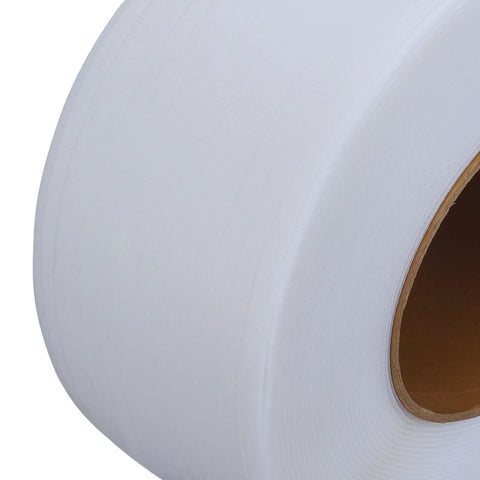 Heavy Duty Polypropylene Strapping Roll Six Thousand Feet Half Inch Wide Point Zero Three Thick Three Hundred Pound Break Strength Standard Core close-up view of white strapping roll.