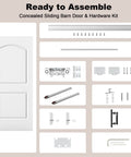 Zero Hassle Concealed Barn Door With Butter Smooth Soft Close Glide And Show Stopper Two Panel Raised Arch Design In Crisp White Primer, ready to assemble hardware kit.