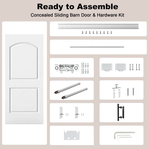 Zero Hassle Concealed Barn Door With Butter Smooth Soft Close Glide And Show Stopper Two Panel Raised Arch Design In Crisp White Primer, ready to assemble hardware kit.