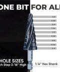 Four Spiral Flute Cobalt Step Drill Bit Pro 1/4 to 3/4 Inch with 9 steps and 1/4 Hex Shank