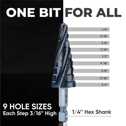 Four Spiral Flute Cobalt Step Drill Bit Pro 1/4 to 3/4 Inch with 9 steps and 1/4 Hex Shank