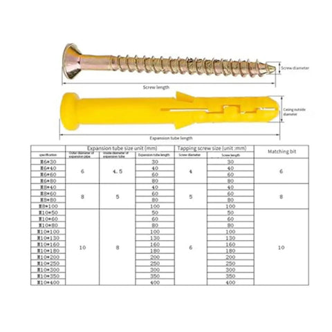 Image showing dimensions of self-tapping screws kit with stainless steel expansion anchors and cross tip screws for secure mounts.