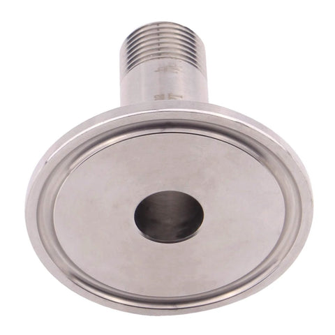 Front view of DERNORD stainless steel sanitary tri-clamp pipe fitting with male 3/8 NPT thread and 1.5 in ferrule